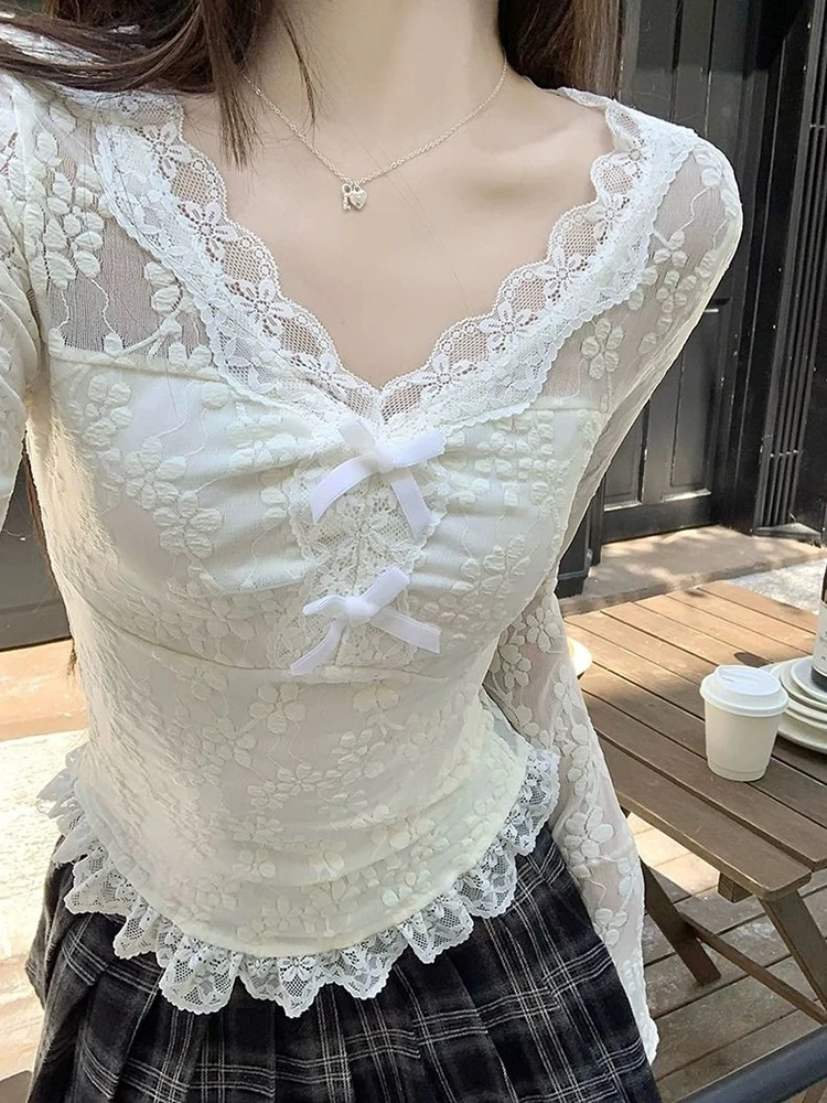 Spitze Bogen Frauen Hemd Herbst Floral Patchwork Slim Fit Langarm Bluse V-ausschnitt Sexy Mode Neue Süße Weibliche Bodenbildung Tops