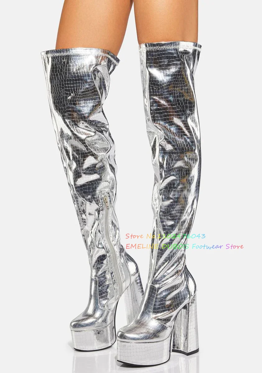 

Platform Silver Thigh High Boots Women Patent Leather Print High Chunky Heels Boots Round Toe Modern Funky Over The Knee Boots