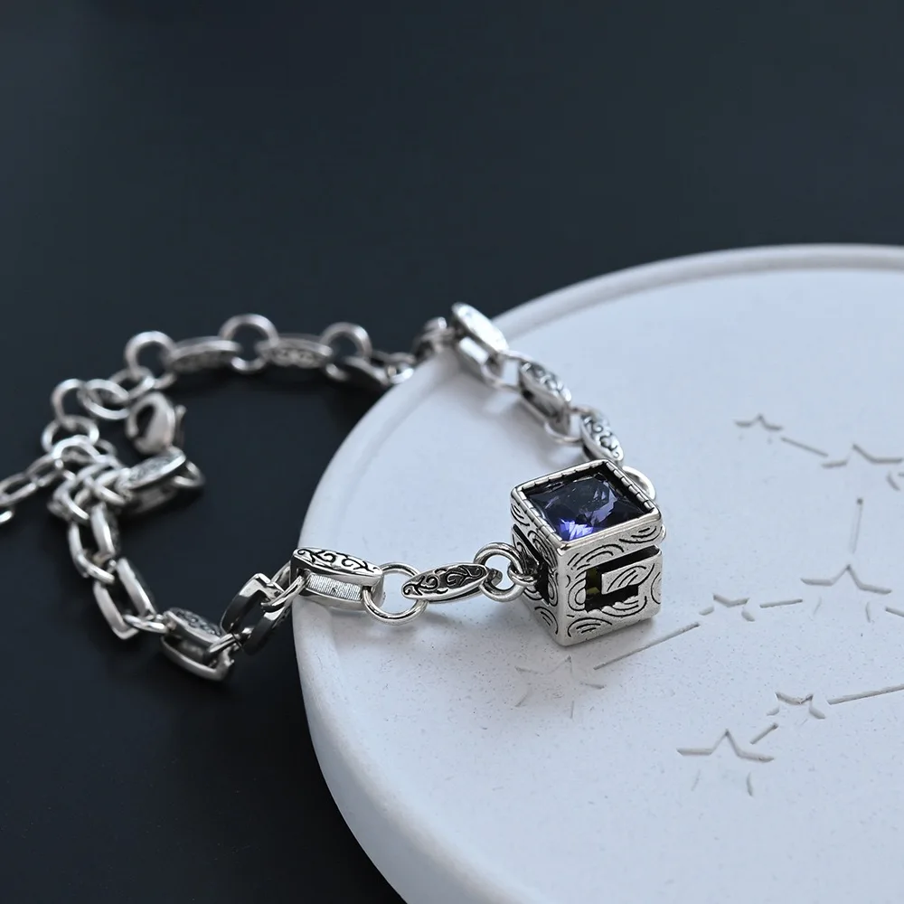 925 Sterling Silver Bracelets for Women Men String Accessories Retro Sqrare Stone Chain Pendant Party Jewelry Gift
