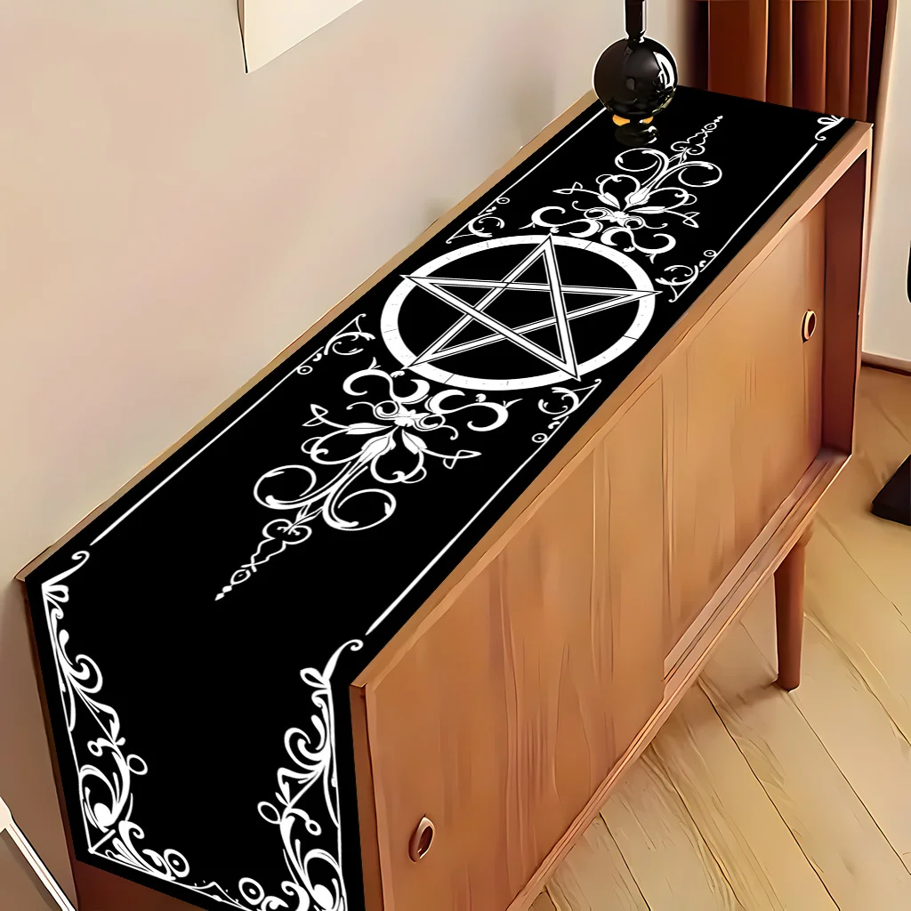 Black & White Pentagram Star Table Runner - Rectangular Table Cover for Banquet, Party Gifts, Dining Room & Coffee Table Decor