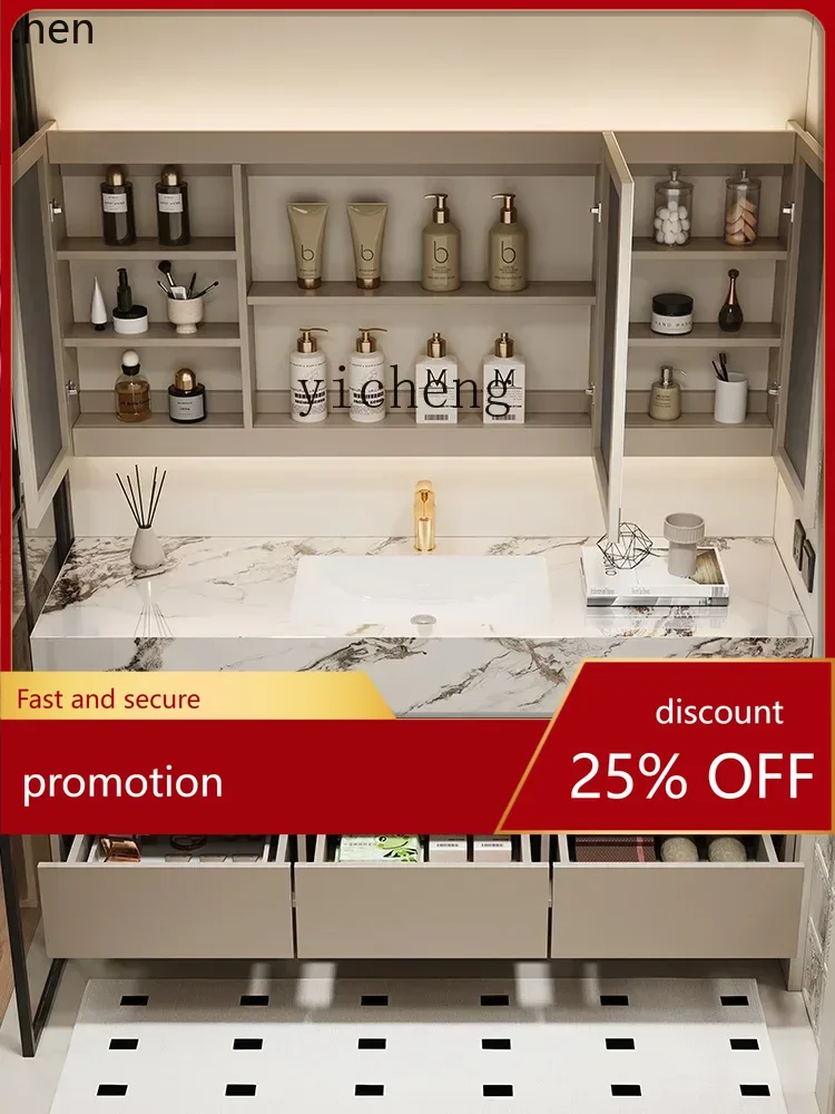 

ZMLbathroom cabinet rock slab seamless integrated basin combination hotel cream wind toilet washstand smart mirror