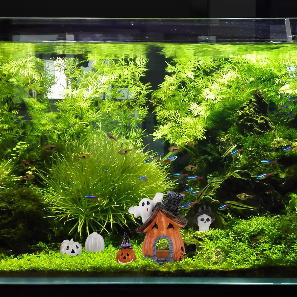 5Pcs Halloween Themed Fish Cave Ornament Set Artificial Aquarium Decor Resin Pumpkin Shape Fish Tank Hiding Hole Craft