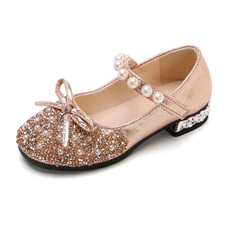 2024 Fashion Children Princess Leather Shoes for Girls Crystal Summer Party Wedding Performance Soft Sweet Pearl Single Shoes