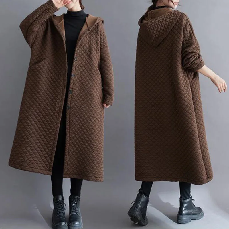 

Quilted Trench Coat 2024 Autumn And Winter Solid Color Retro Lloose Cotton Clothing Cocoon Shaped Hooded Thick Robe Women CS008