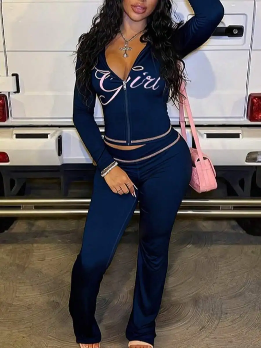 

Blue Womens 2-Piece Zip-Up Crop Top And Flared Pants Set, Streetwear Casual Outfit For Spring