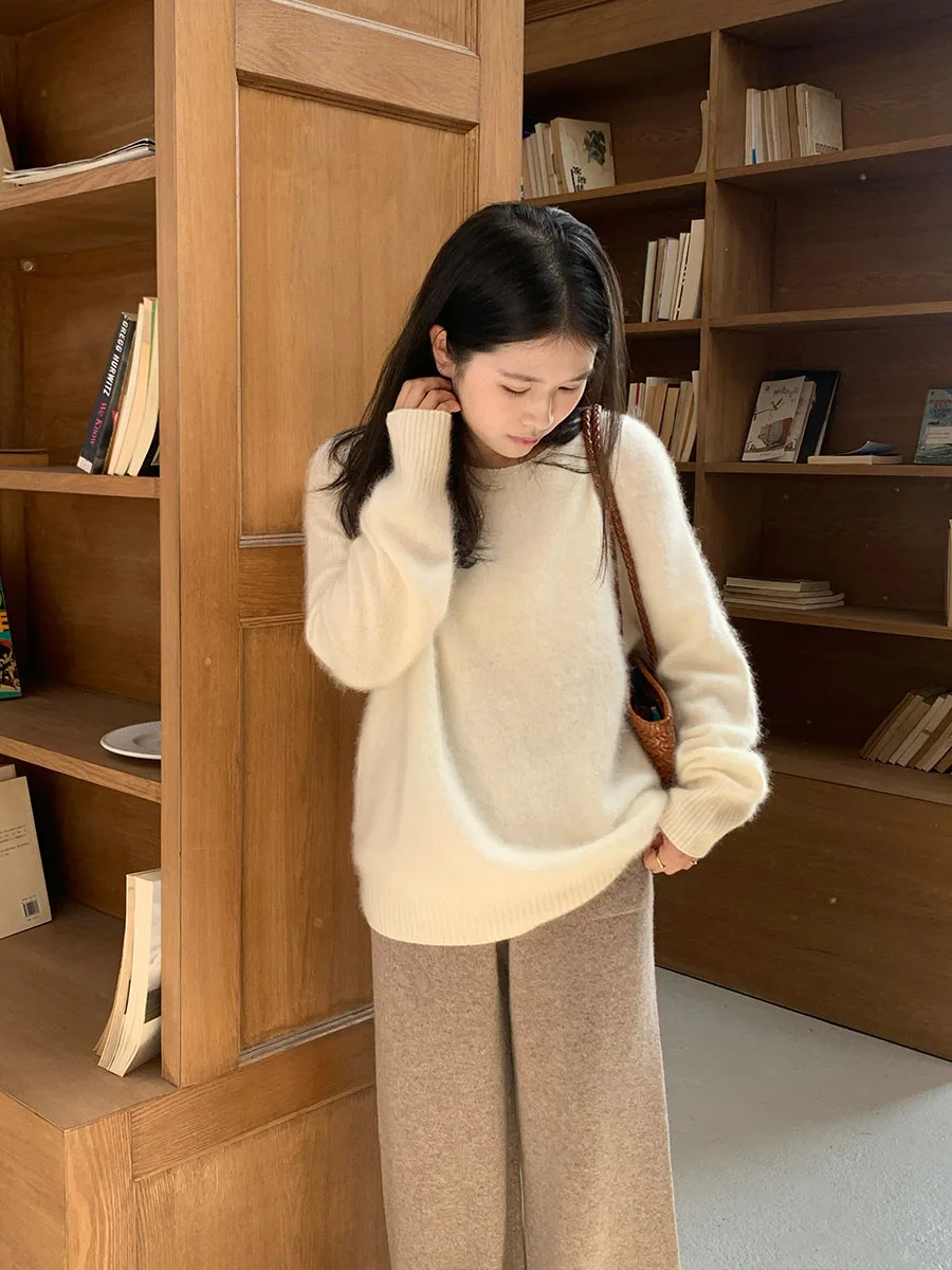 

Белый вязаный свитер-пальто женский, свободного кроя, весенняя новинка, для повседневной носки, из чистой шерсти, с длинными рукавами, круглый вырез горловины