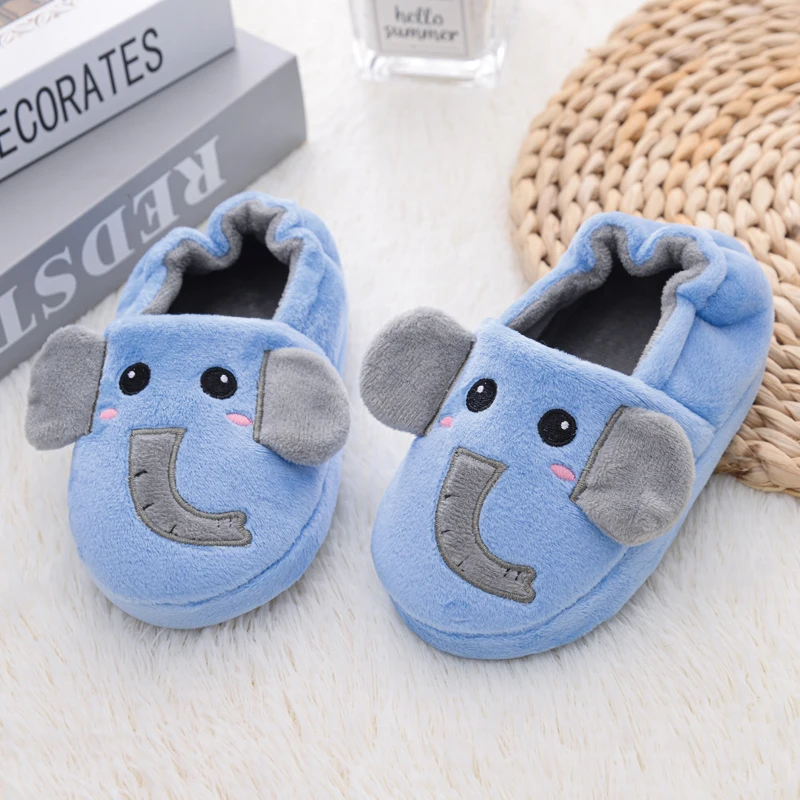 New Toddler Boy Slippers for Kid Indoor Winter Plush Warm Cartoon Elephant House Footwear Soft Rubber Sole Home Shoes Baby Items