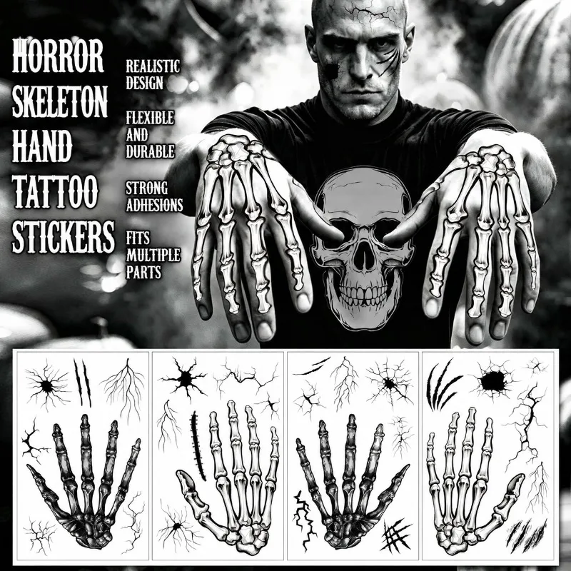 New Halloween Skeletal Palm Decal Gothic Bone Hand Fracture Pattern Terrifying Body Transfer Masquerade Epidermis Embellish