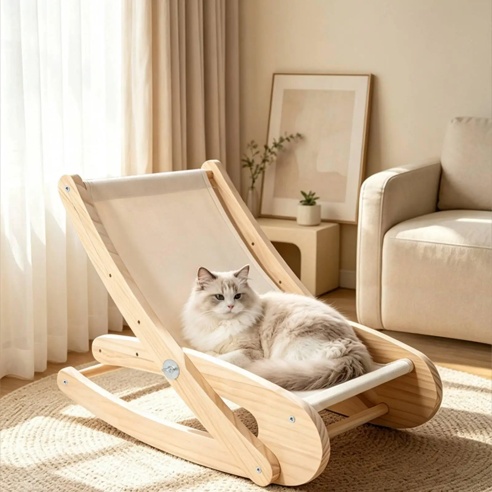 Small Pet Rocking Lounger Cat Bed with Removable Oxford Cloth Cushion for Living Room and Bedroom Use
