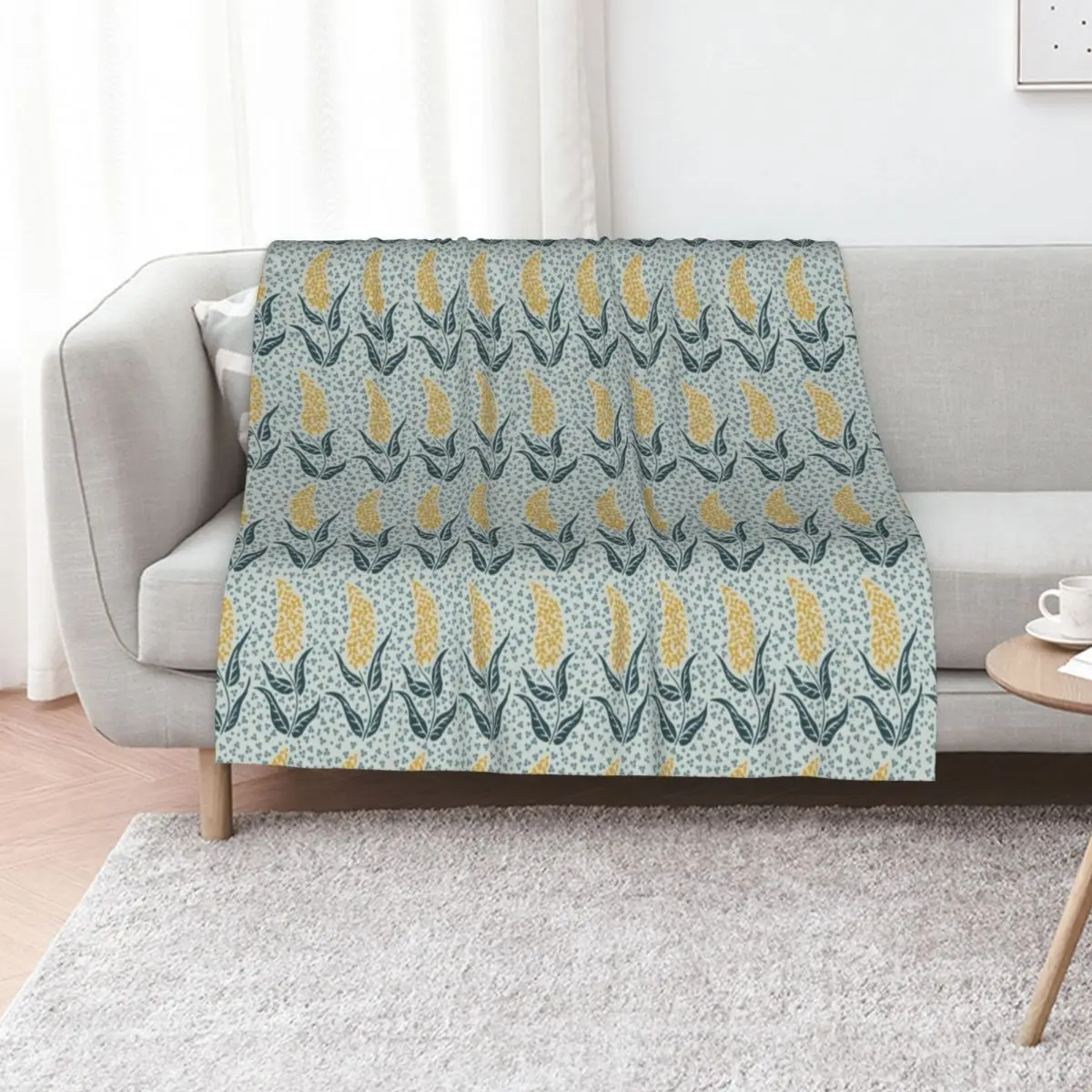 Flower Spike in Gold with Blue, Blue & Gray Throw Blanket Furrys Plaid Loose Weighted sofa bed Beautifuls Blankets