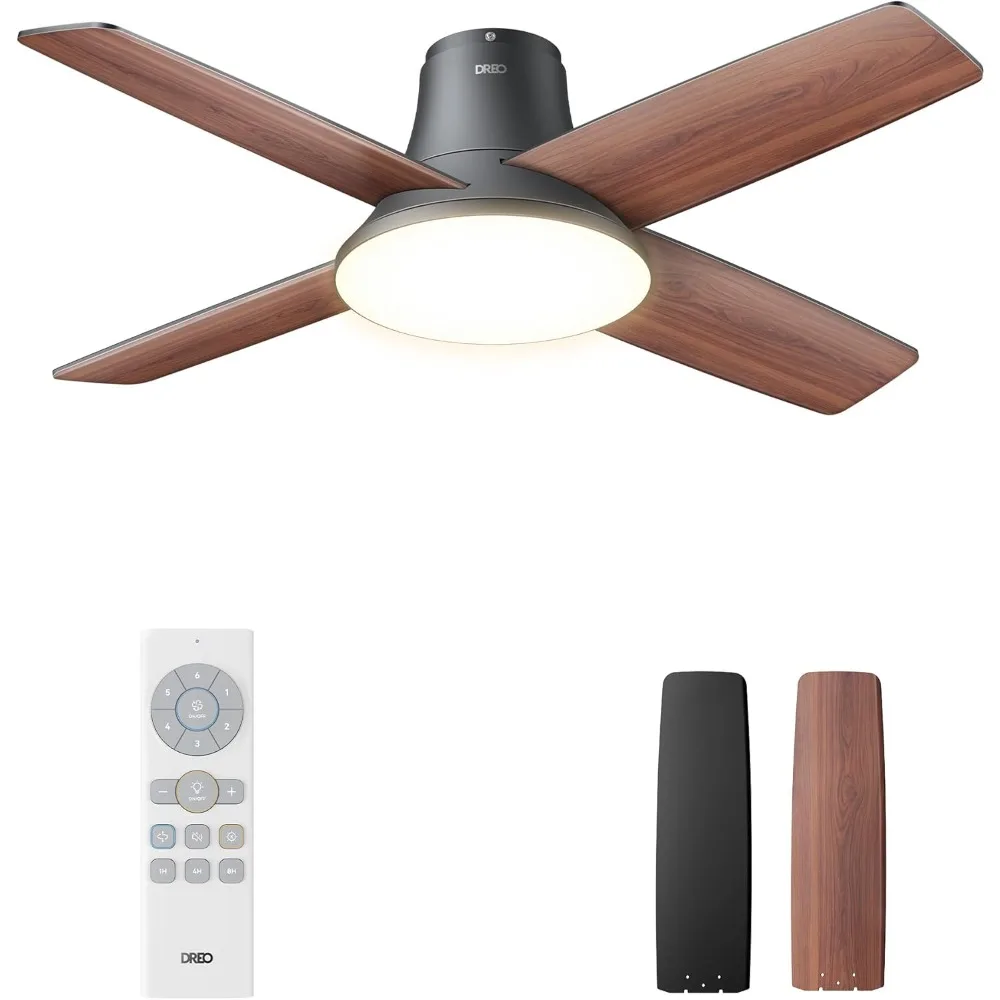 Ceiling Fans with Lights, 44'' Low Profile Black Ceiling Fan for Bedroom, 6-Level Dimmable Lighting & 5-Color Tone, 6 Speeds