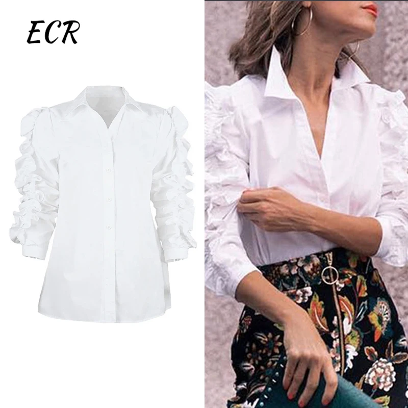 

ECR Patchwork Ruffles Solid Casual Shirts For Women Lapel Long Sleeve Spliced Single Breasted Minimalist Loose Blouses Female