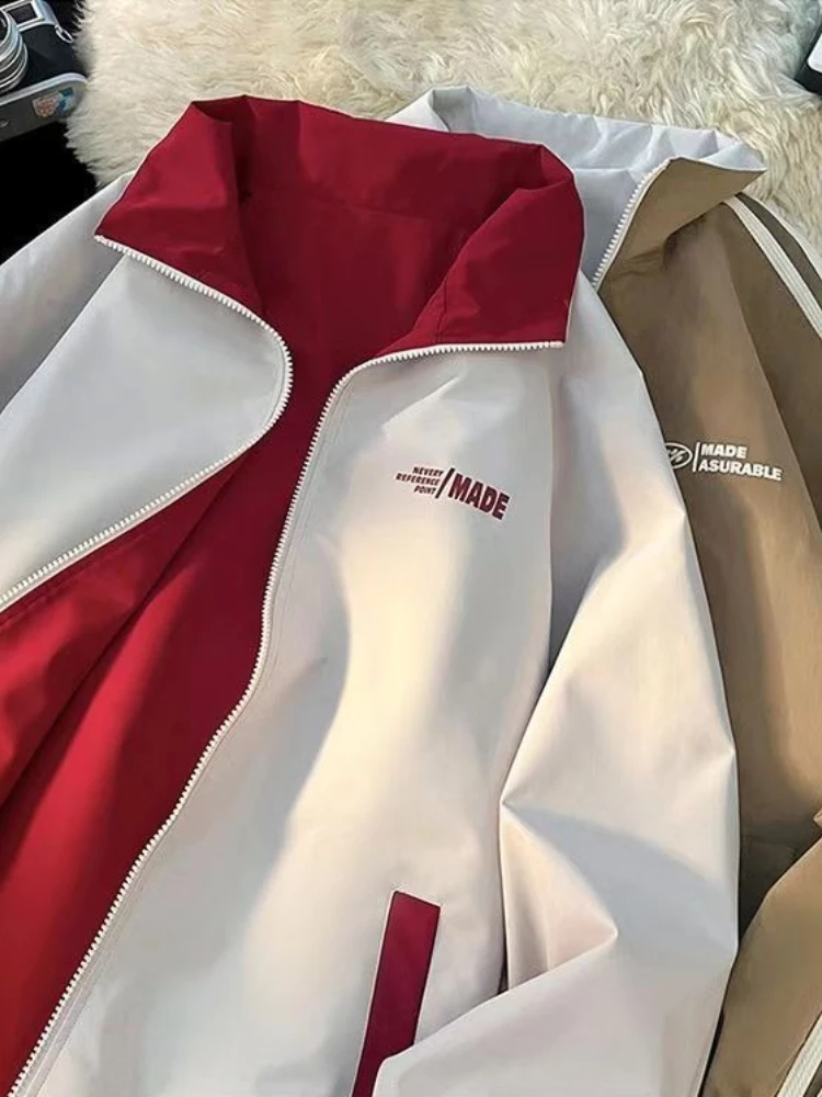 HOUZHOU Harajuku Oversized Black Jackets Women Double-sided Long Sleeve Outdoor Reversible Windproof Coats Casual Red Jackets