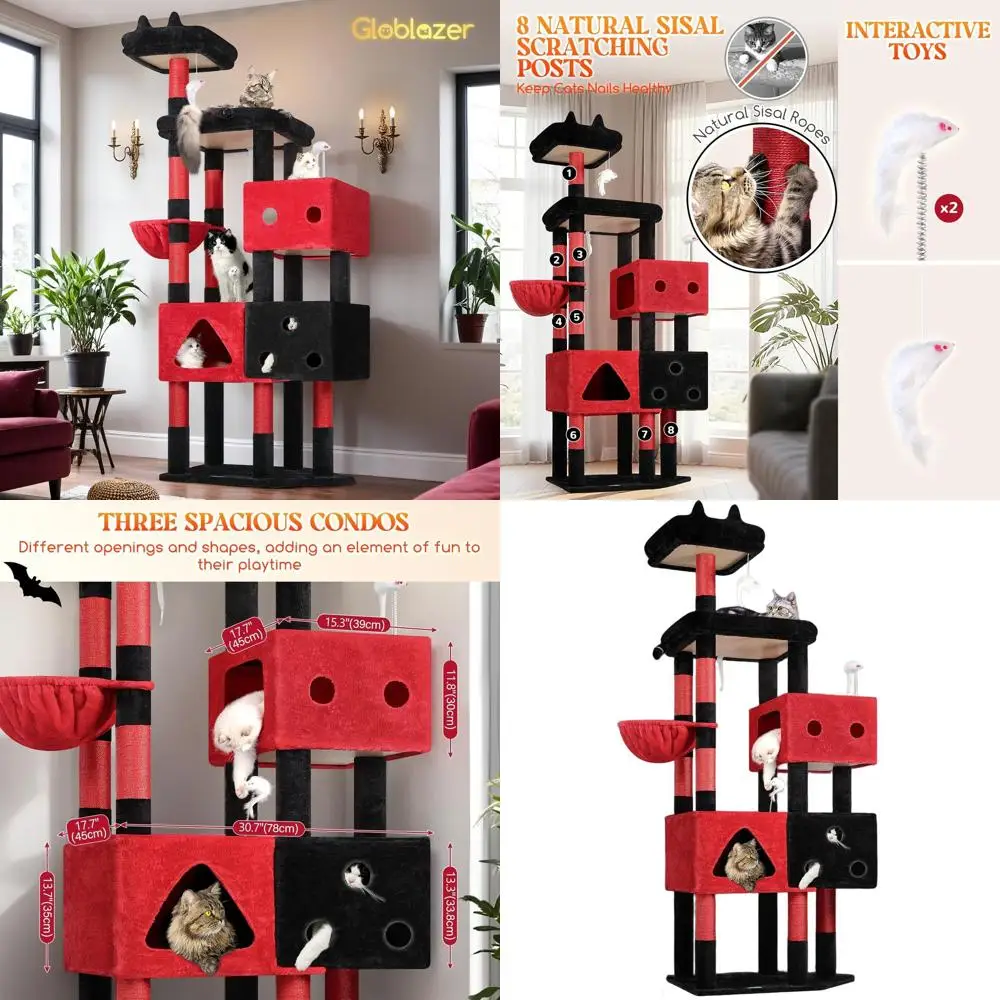 

XXL Gothic-Style Cat Tree, 81 Tall, 20 lbs Capacity, 3 Condos, 8 Scratching Posts, Black & Red
