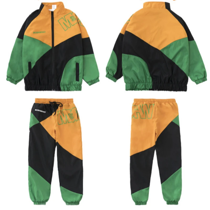 Boys Hip Hop Patchwork Jacket Girls Sport Pants Clothes Sets Kids Street Dance Joggers Contrast Color Costumes Streetwear Outfit