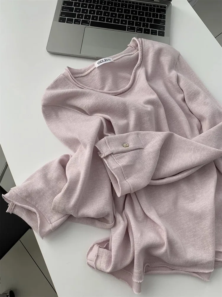 

Loose Fit Long Sve round Ne Snowflake Cotton T-irt Women's Double Layer Cuffed Hem ell Button Breathable Top