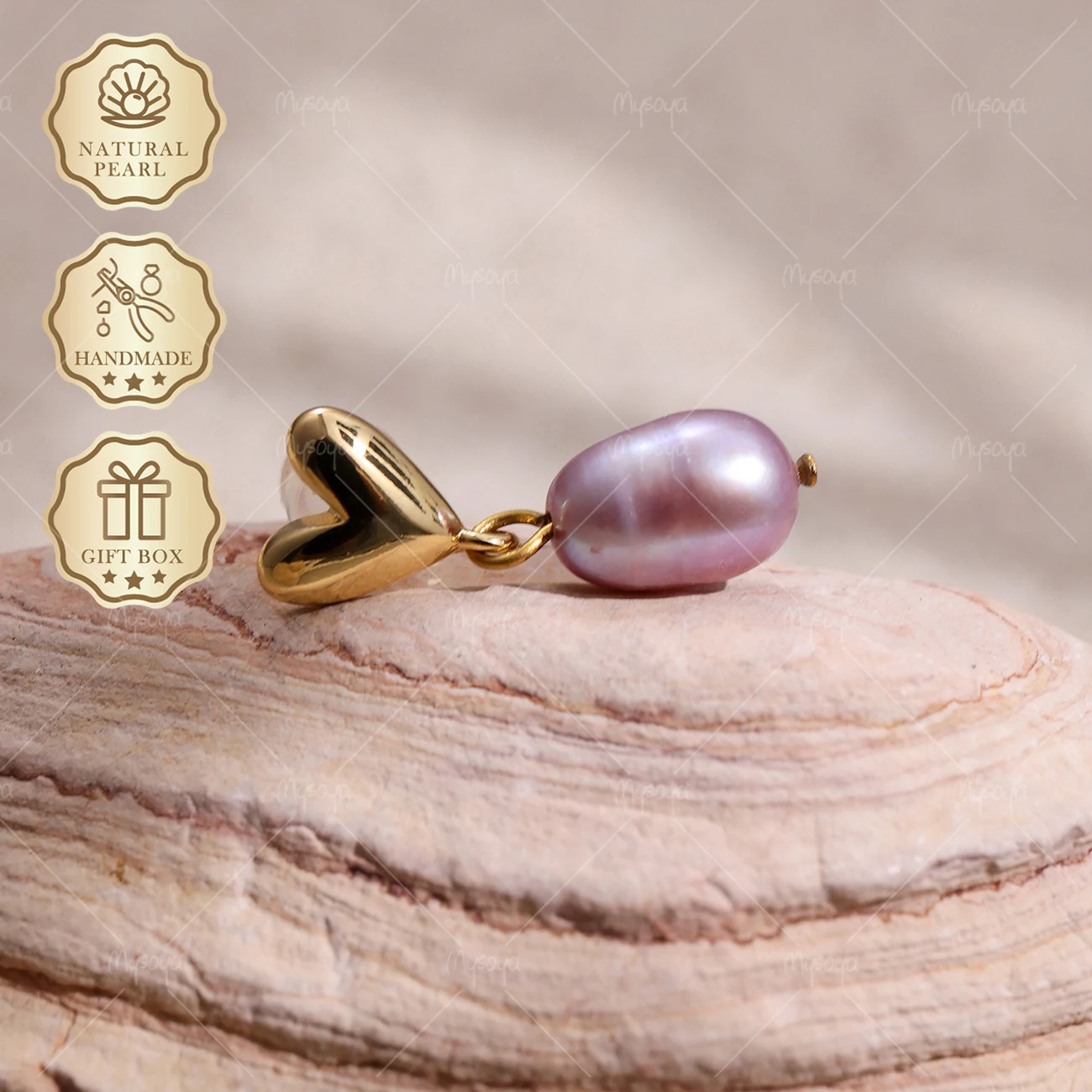 

MYSOYA 7-8mm Purple Rice Pearl Stud Earrings Gold Heart Studs, Gift Box, Birthday Jewelry S369