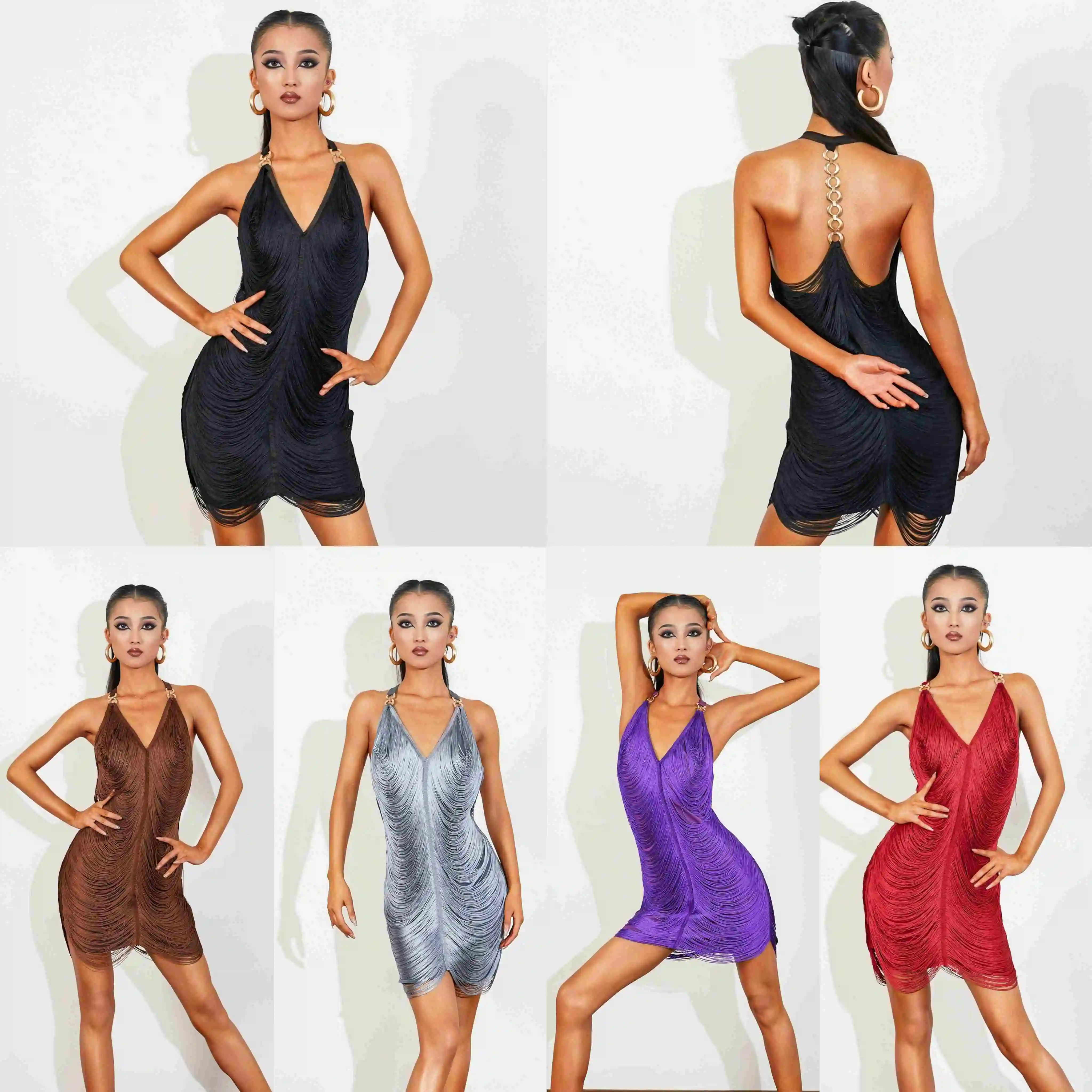 

Latin Dance Dress Women Rumba Cha Cha Performance Clothes Wave Fringe Metal Chain Backless Sexy Dress Competition Wear SS1342