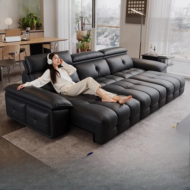 Black Italian leather sofa bed piano keys new living room light luxury modern simple straight row small apartment