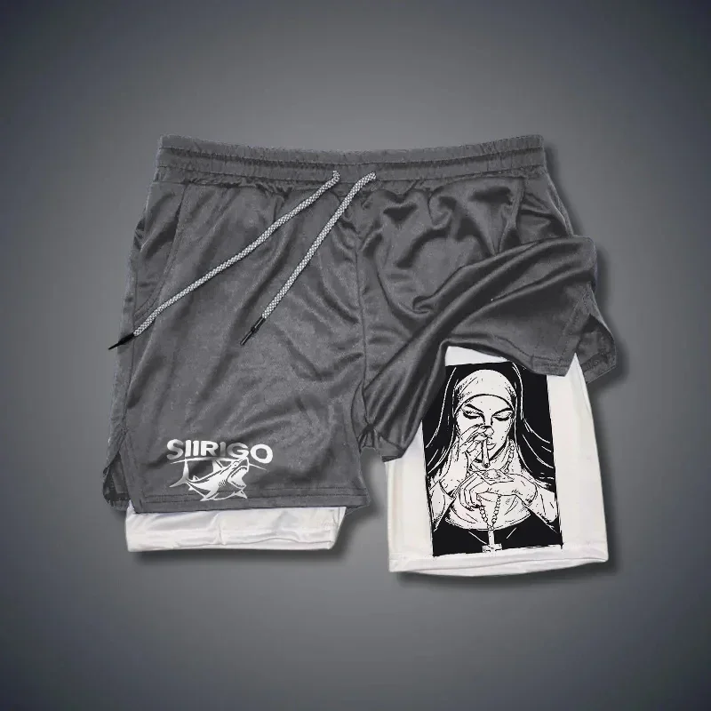 Berserk- Pantalones cortos deportivos 2 en 1 para hombre, pantalones cortos para correr de secado rápido, entrenamiento de gimnasio y fitness, doble capa