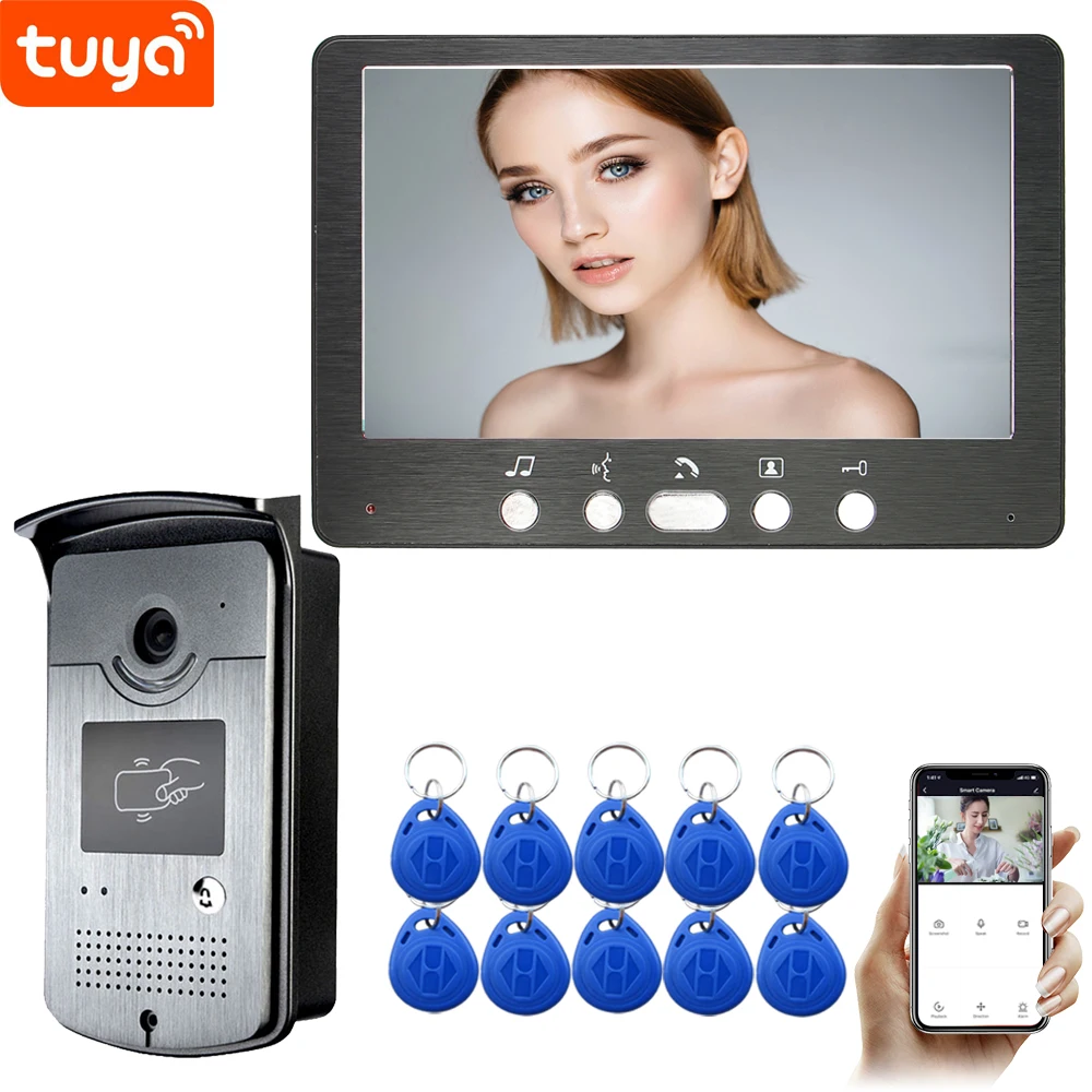 Videoportero WIFI de 7 pulgadas para apartamento, timbre de vídeo con cable, cámara 1080P con contraseña y desbloqueo RFID, Tuya