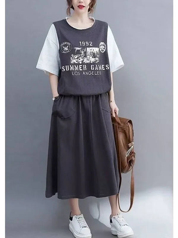 

Summer New Style High Waist Half Body Skirt Women's T-Shirt Splicing Two-Piece Set Casual Loose Fit round Neck Short Sleeve