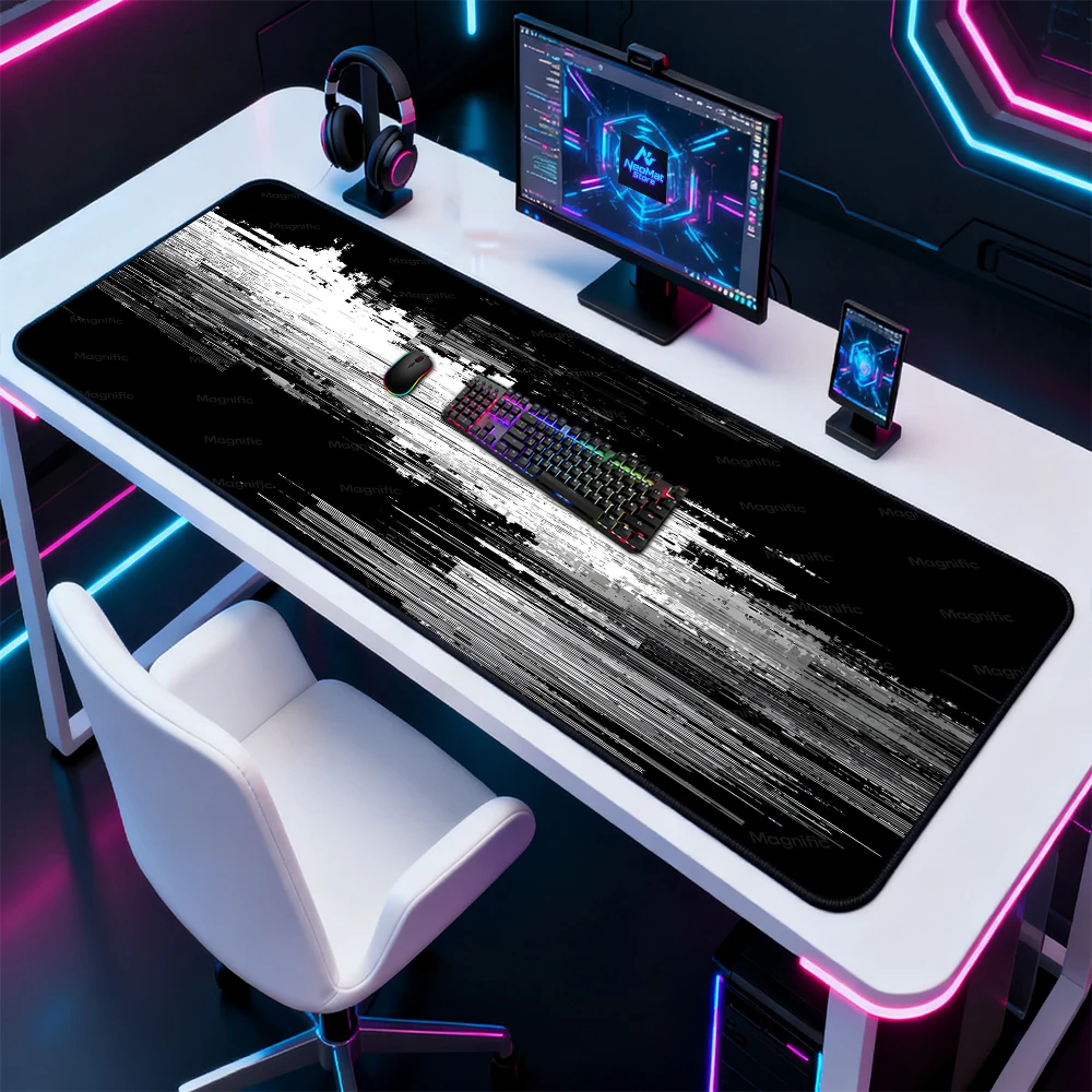 Monochrome Glitch Desk Mat Full Keyboard Mat Mousepad 1600x600 Gaming Mousemat White Abstract Nonslip Black Desk Accessories