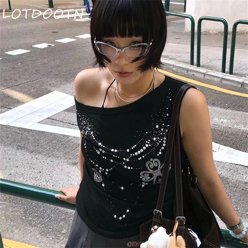 

LOTDOOTN Y2K Millennium Hot Girl Women's Top Summer American Retro Hot Diamond Printed Trendy Women's T-shirt Harajuku 2000s Top