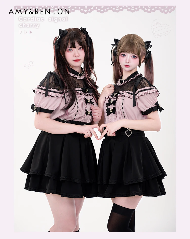 Japanese Mine Mass-Produced Skirt Sets Summer Cute Bow Off Shoulder Short Sleeve Shirt Slim Double-Layer Skirt Two-Piece Sets