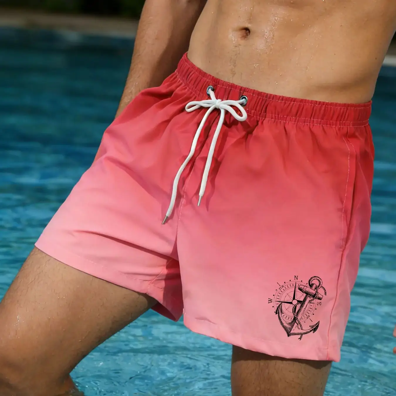 

Men's Gradient Quick Dry Swim Trunks Nautical Anchor Compass Print Drawstring Summer Beach Shorts Swimwear