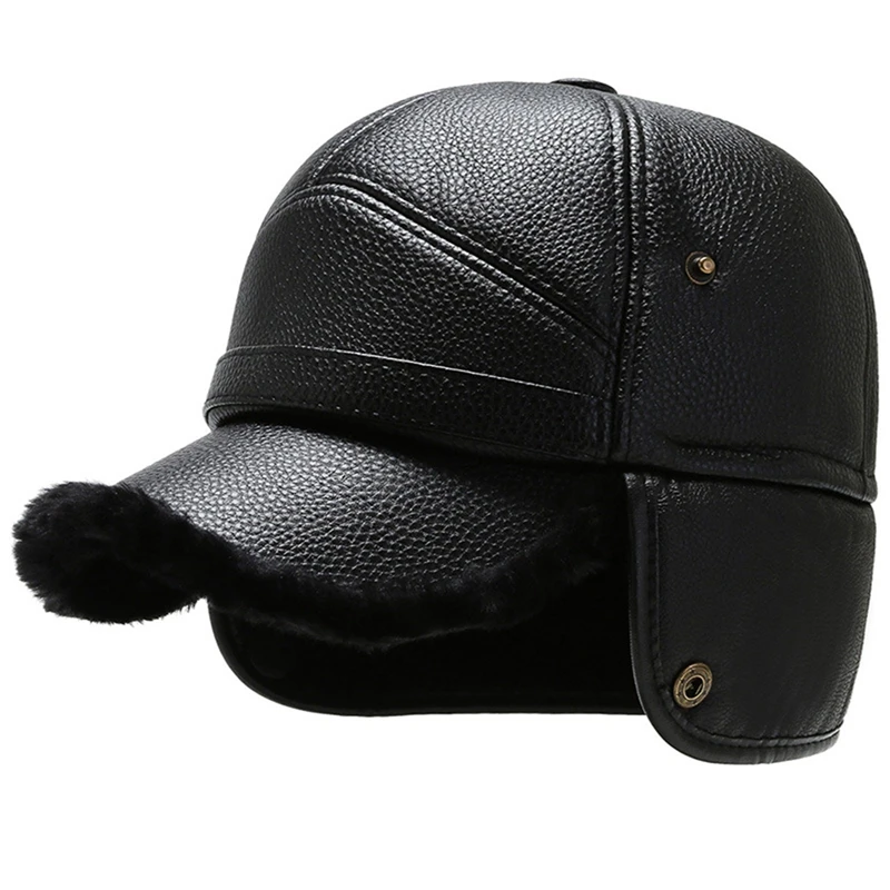 Ear Protection Bomber Hats with Earflap Men Winter Baseball Hat Leather Fur Snapback Caps Warm Visors Fishing Cycling Climbing