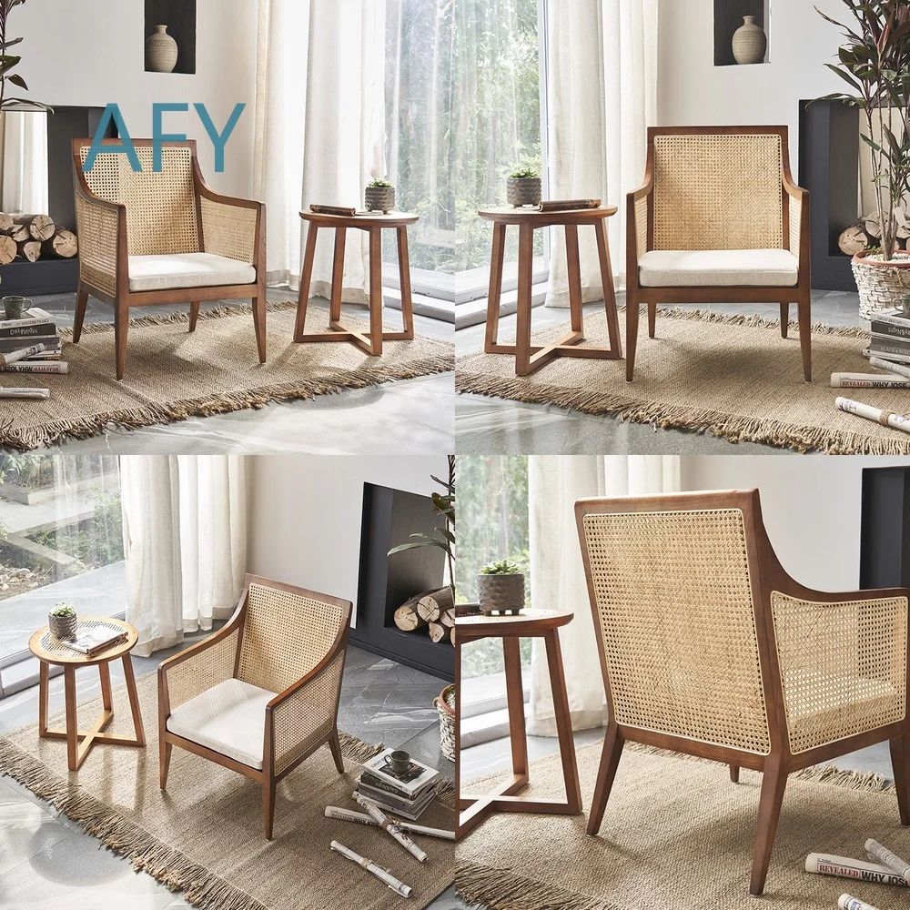 Nordic Wicker Armchair for Living Room Home Cafe Airbnb Decor with Solid Wood Frame Lounge Chair Rocking Chair for Relaxation