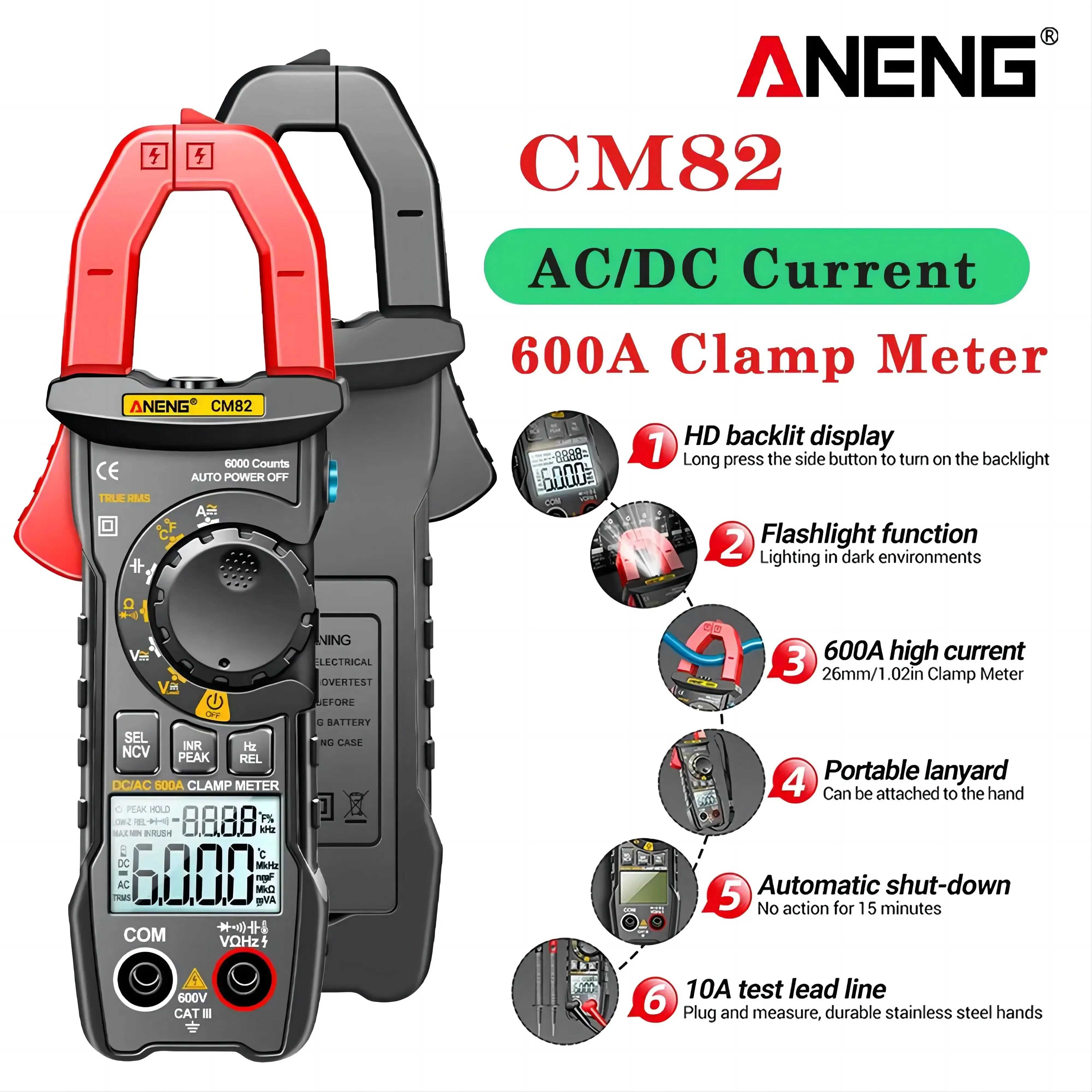 

ANENG CM82 Clamp Meter Multimeter DC/AC 600A Current Voltage 6000 Counts Ammeter Tester Car Amp Hz Capacitance NCV Ohm Test