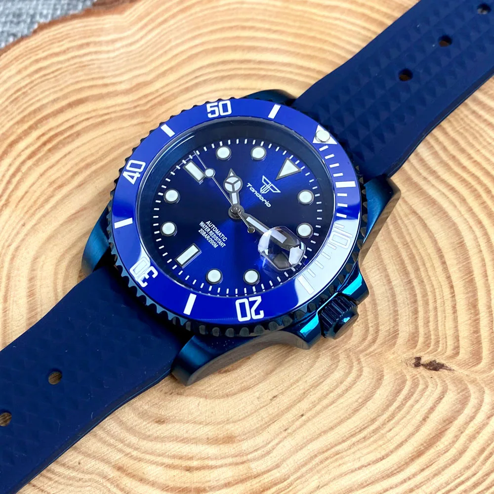 40mm Tandorio 20atm blau beschichtete Männer Uhr Saphirglas Datum Japan Nh35 automatische leuchtende blaue Sunburst Zifferblatt Waffel armband Datum