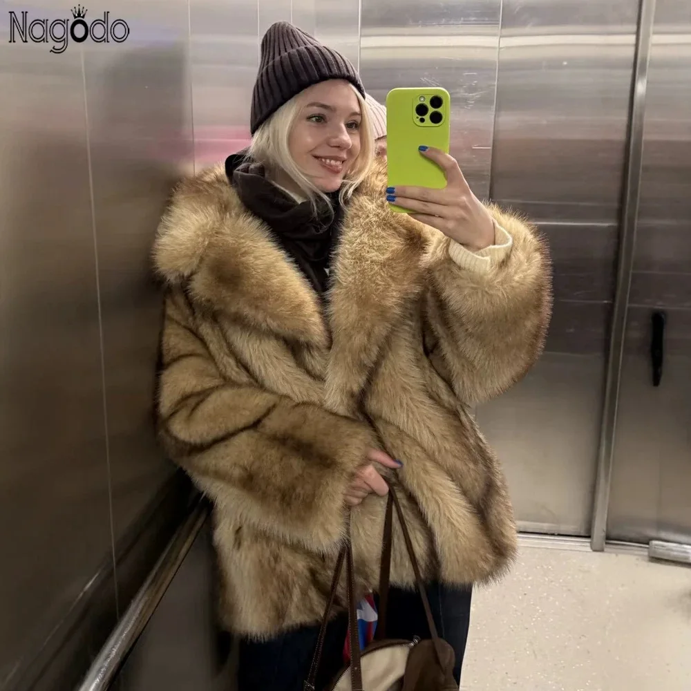 Nagodo Winter Women's Faux Fox Fur Jackets Long Sleeve Fluffy Outerwear Turn Down Collar Soft Thick Warm 2026 New Fashion Coat