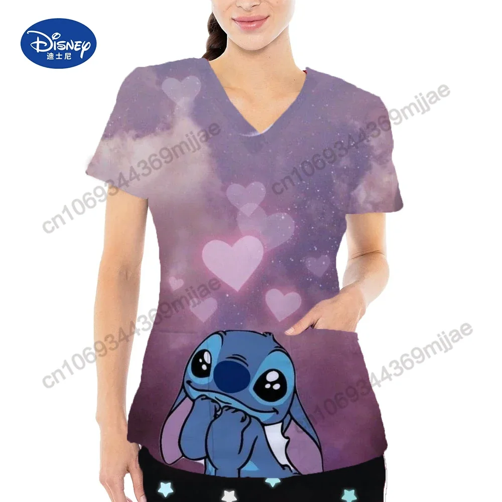 2024 Summer Casual Comfortable Short Sleeve Women's Top Disney Cartoon Style Women's Large Pocket V-neck Fashion Women's T-shirt