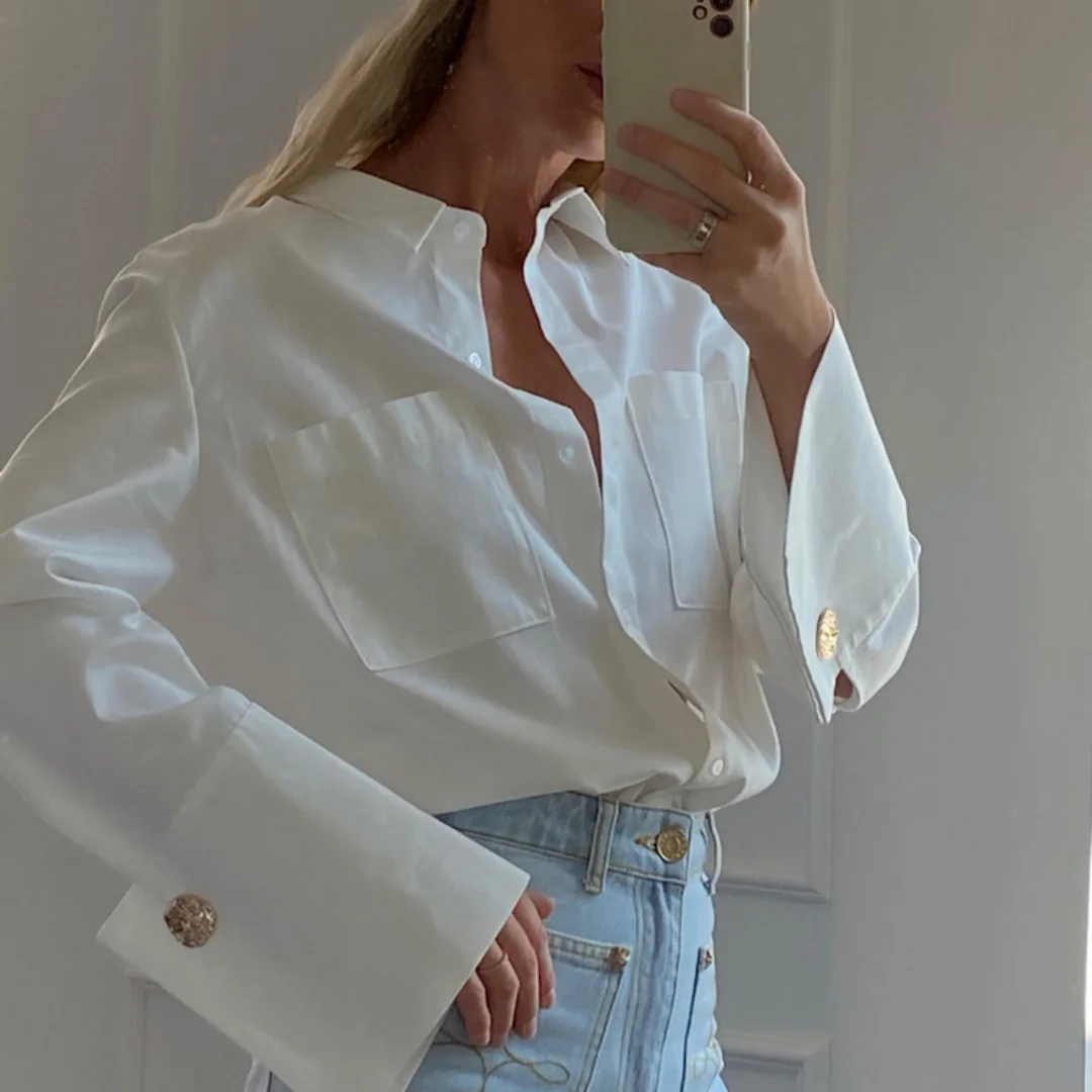 

Women's Unique Design White Blouse 2026 Spring Double Pocket Gold Button Detail Oversized Long Sleeve Shirt