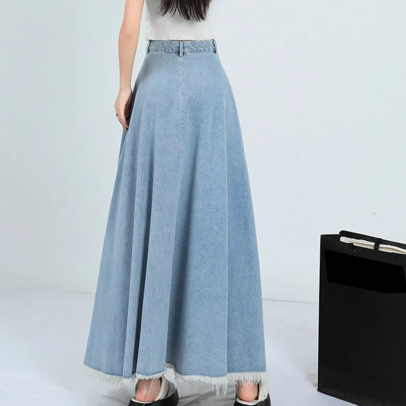 Fashion Tassel Hem Denim Long Skirts Womens Summer Vintage A- Line Maxi Jeans Skirt High Waist Women Long Skirt Korean - view 6