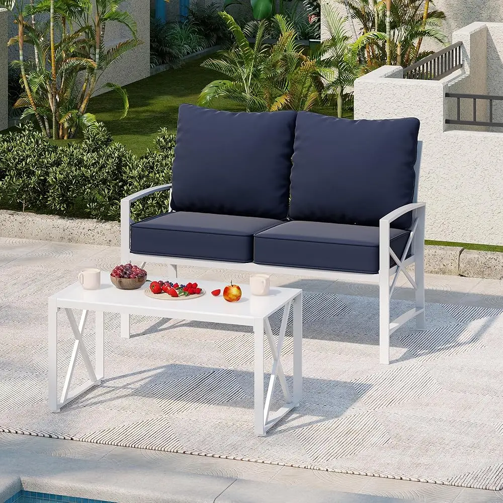 

Patio Furniture 2-Piece Conversation Set, Outdoor Furniture Patio Loveseat Sofa And Glass Coffee Table, Waterproof Outside