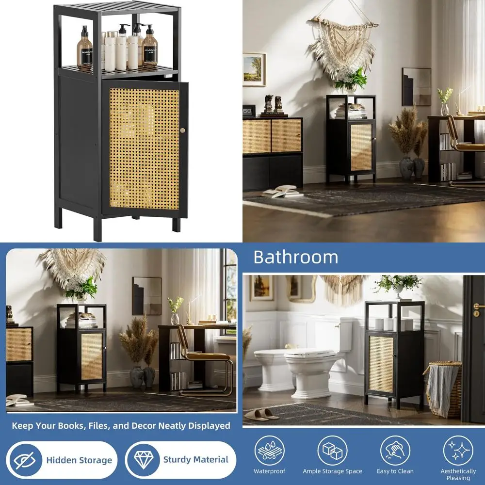

Компактный бамбуковый шкаф для хранения вещей для небольших ванных комнат с одной дверцей из ротанга, черный