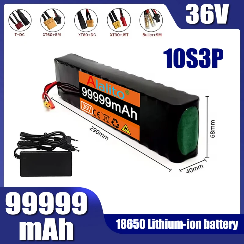 36V 99999mAh, 10S3P battery pack, suitable for 250W-500W devices+42V 2A charger, built-in 15A BMS