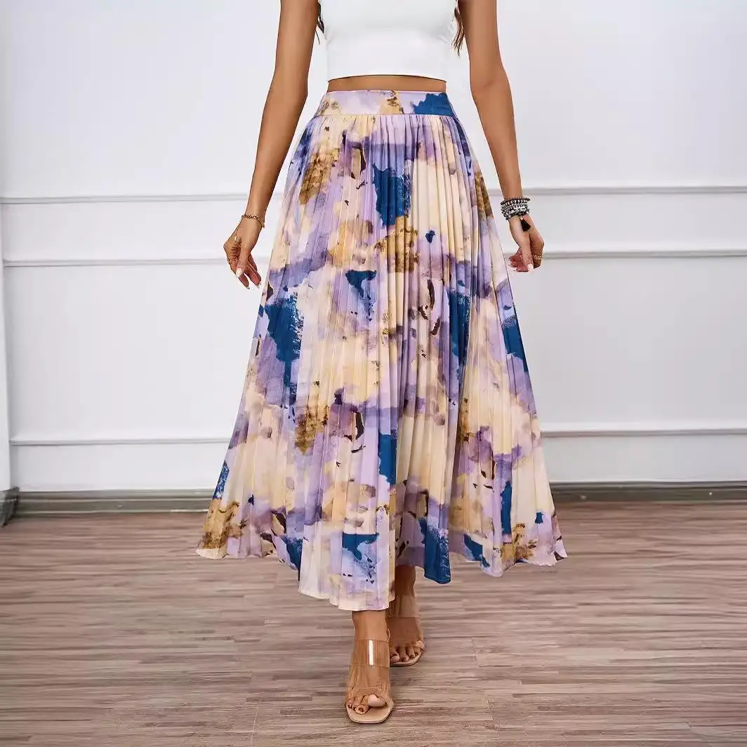 

Ele Oil Painting Print Pleated Skirt High-End Design Polyester Fiber mid Waist Batwing ape Summer Collection 2024