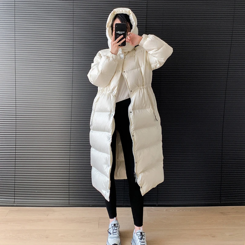 Women\'s Winter Jacket Long Coats Down Glossy Casual Slim Waist Down Jackets Thickened Windproof Hooded Snow Female Puffer Coats