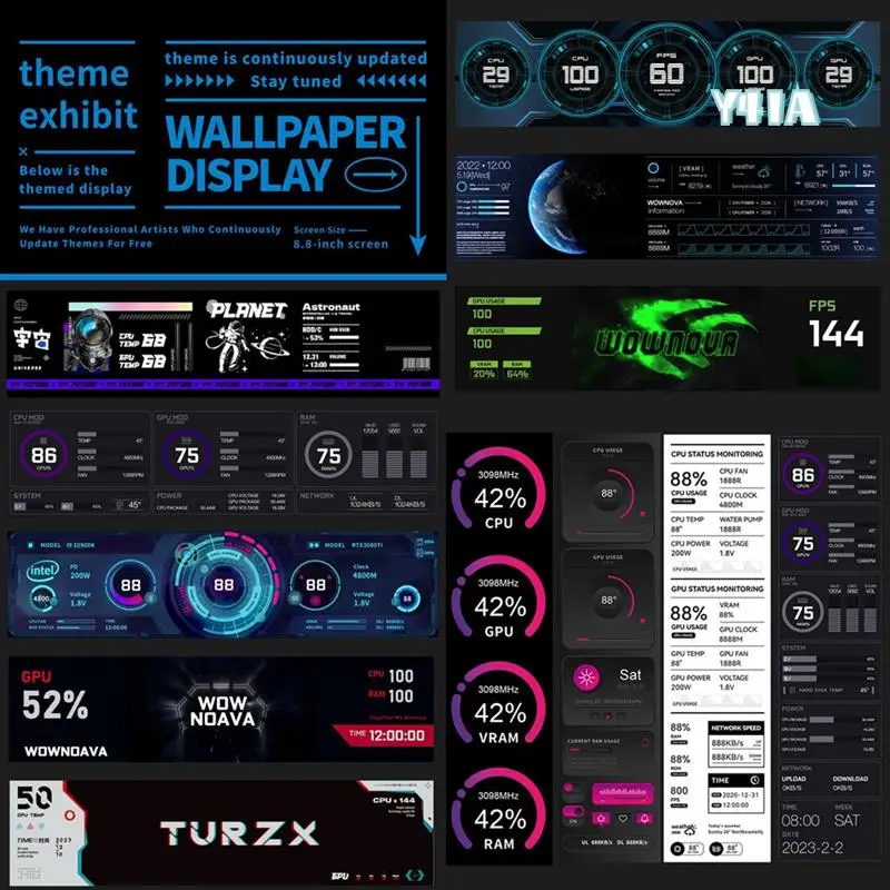 8.8Inch Computer Temp Monitor (Dynamic Theme Supported), IPS Type C Secondary Screen CPU RAM HDD Data FPS Monitor-Y41A