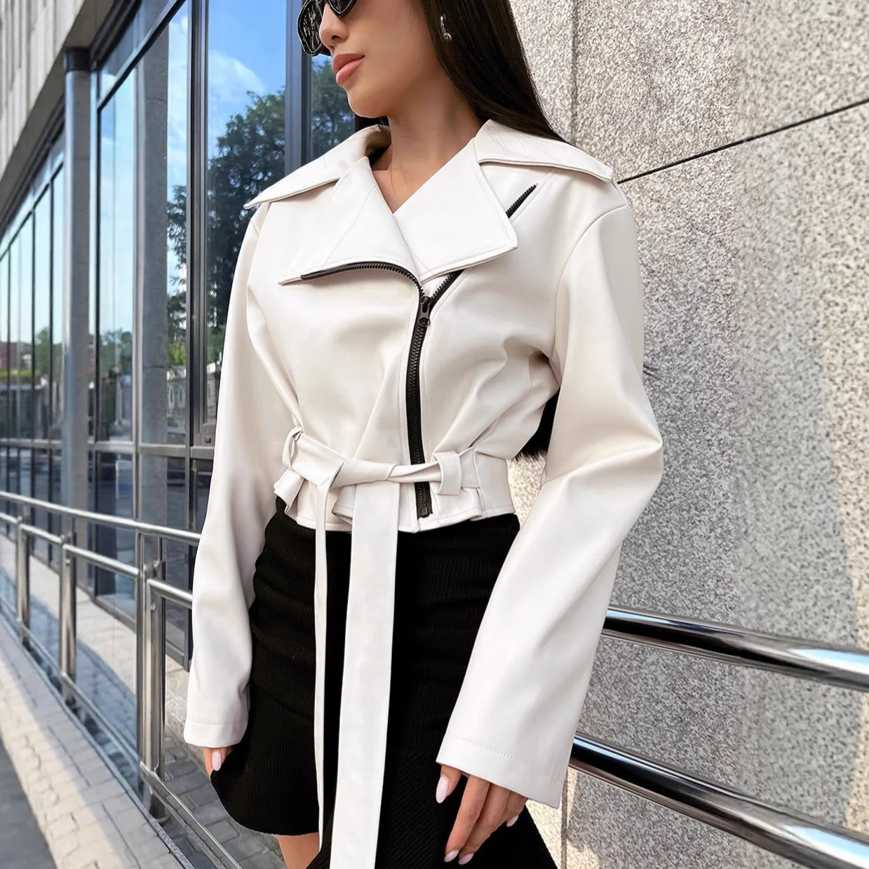 

Lace Up Autumn Women's Motorcycle Jacket Lapel Collar Diagonal Zipper Long Sleeve Lady Coat Short Temperament Outwear For Female