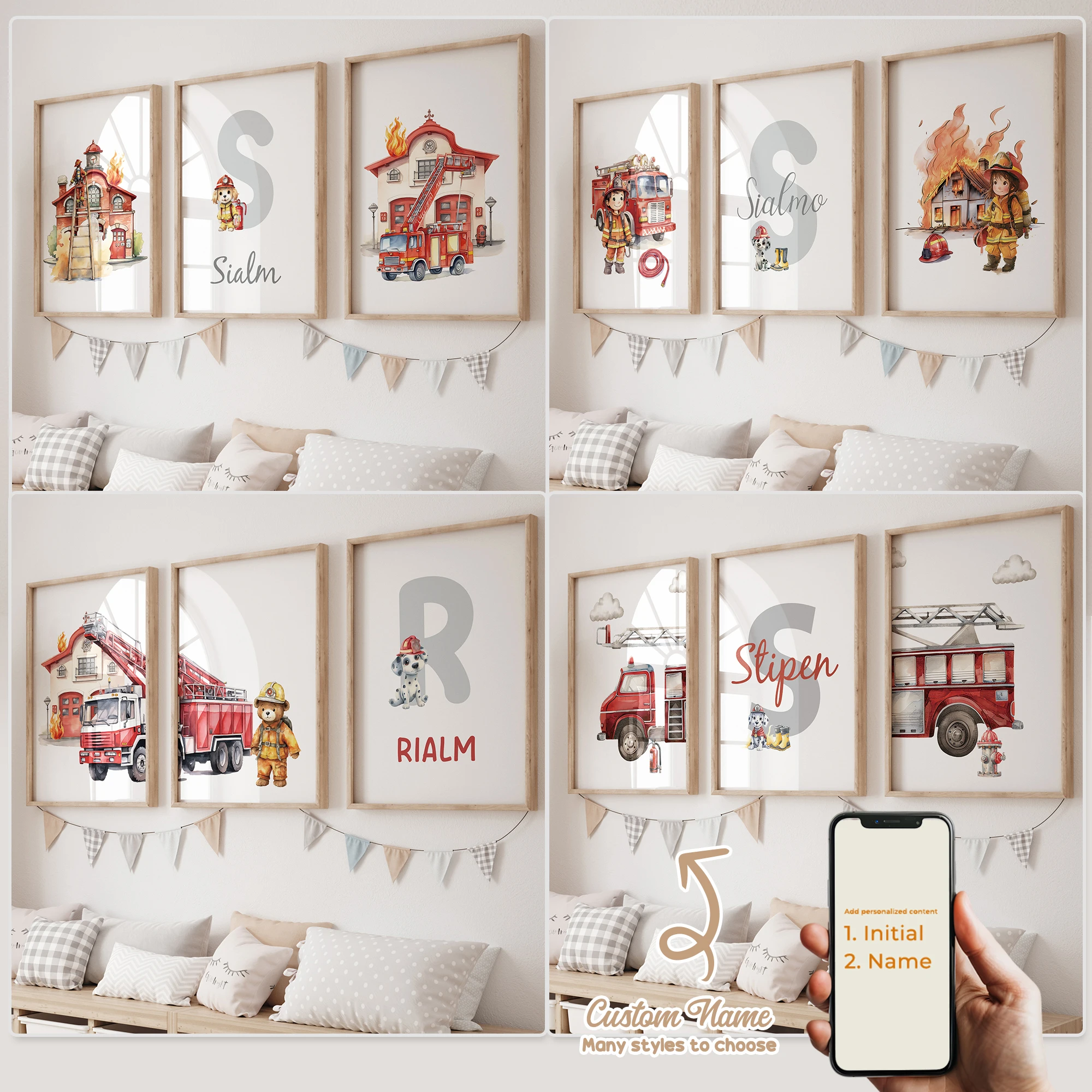 3 stücke Personalisierte Benutzerdefinierte Name Cartoon Kind Feuerwehrmann Wand Kunstdruck Bild Leinwand Poster Malerei Für Wohnzimmer Wohnkultur