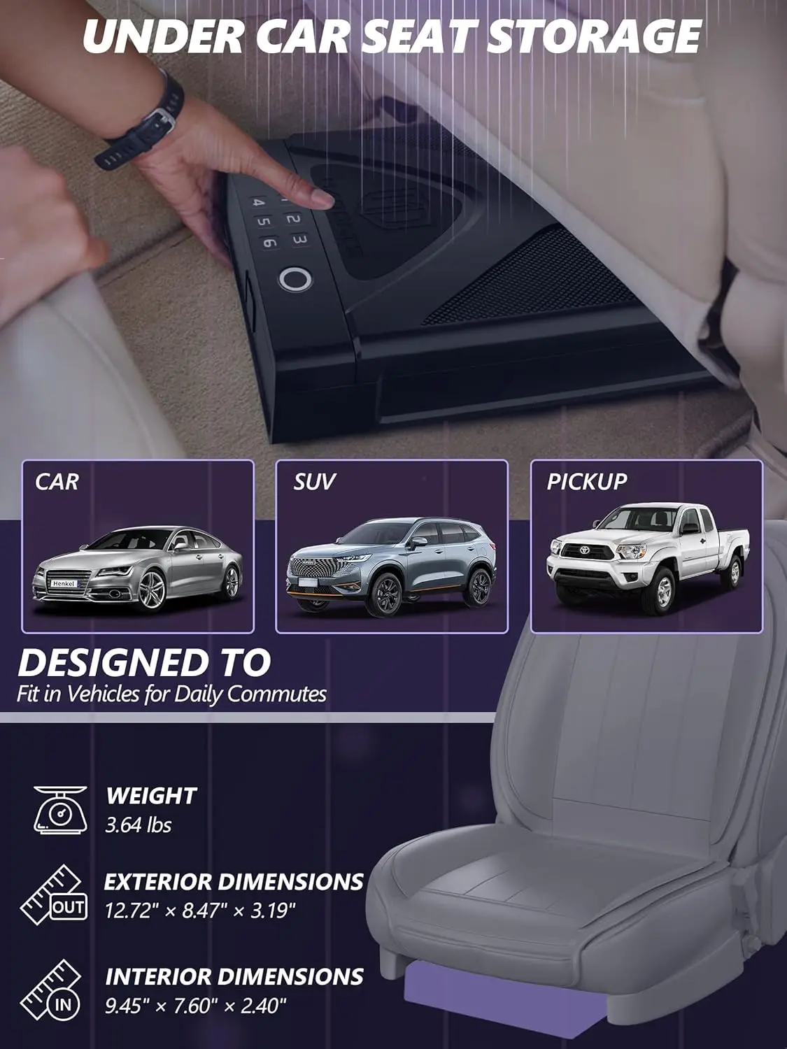 Car Gun Safe, Portable Biometric Safes for Pistols with Cable, Fingerprint & Keypad & Key Access Handgun Lock Box for Vehicle Tr