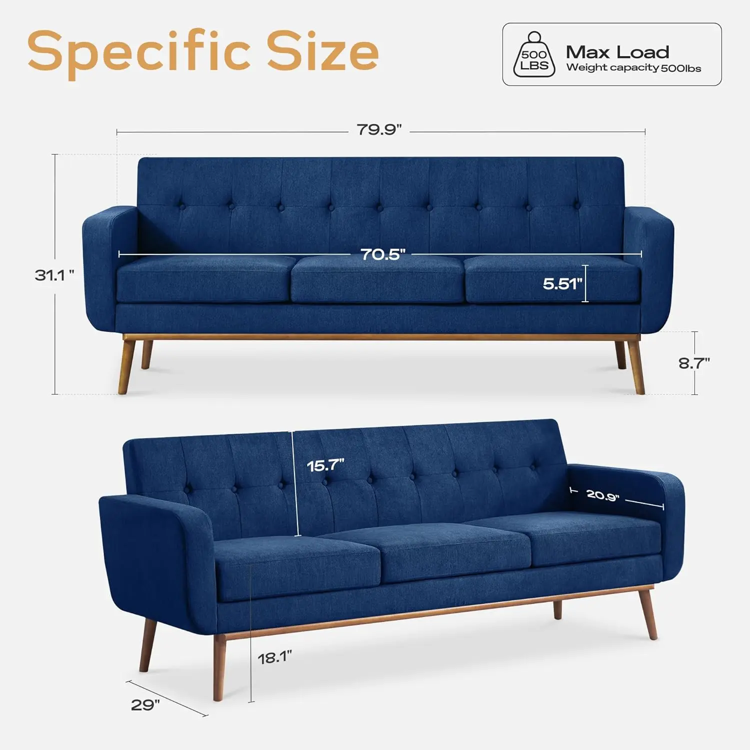 Mid Century Loveseat Sofa with Solid Wood Frame & Button Tufted Design for Bedroom Living Room Office, 80 inch, Customized