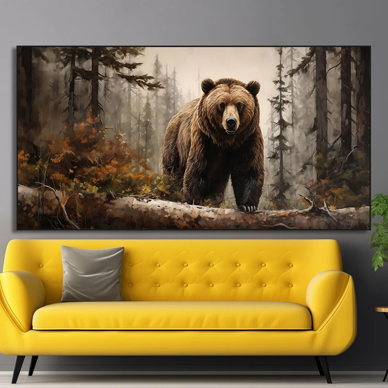Large-sized frameless canvas paintings,Grizzly Bear and Deer in Misty Forest Canvas Painting Print Wall Art, Wild Animals Poster