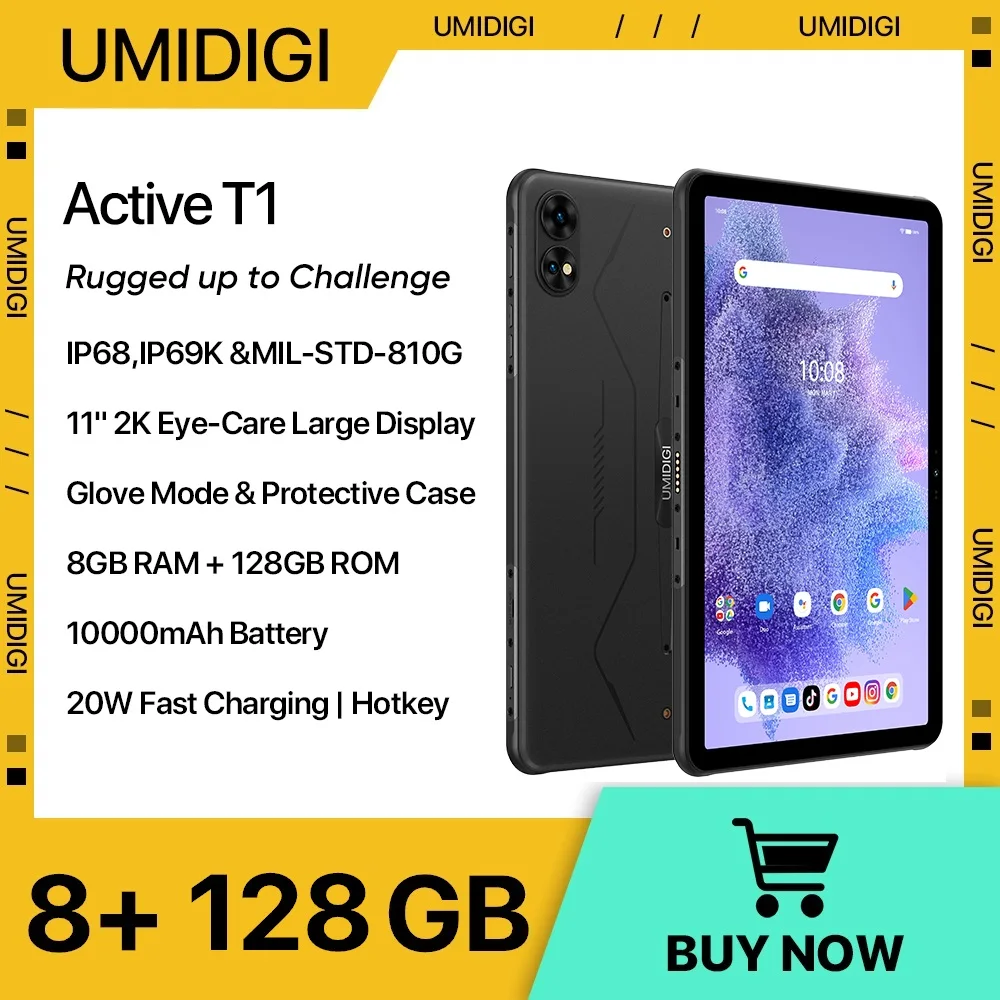 Планшет UMIDIGI Active T1 повышенной прочности, 11 дюймов, 2K HD, Android 13, Unisoc T616, 8 + 8 Гб, 128 ГБ, 10000, стандартная батарея 20 Вт, разблокировка по лицу с искусственным интеллектом IP68/IP69K